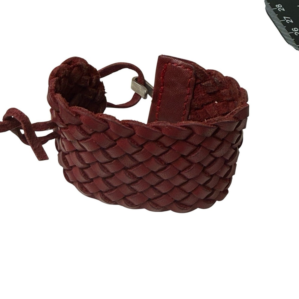 Red Leather Braided Wide Cuff Bracelet 6" + Long Hook Closure Adjustable